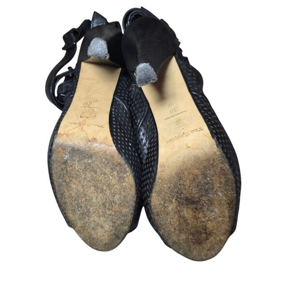 The Kooples Black Leather Peep Toe Cutout Heels Size 38 Lace Up Buckle Booties - Picture 8 of 8